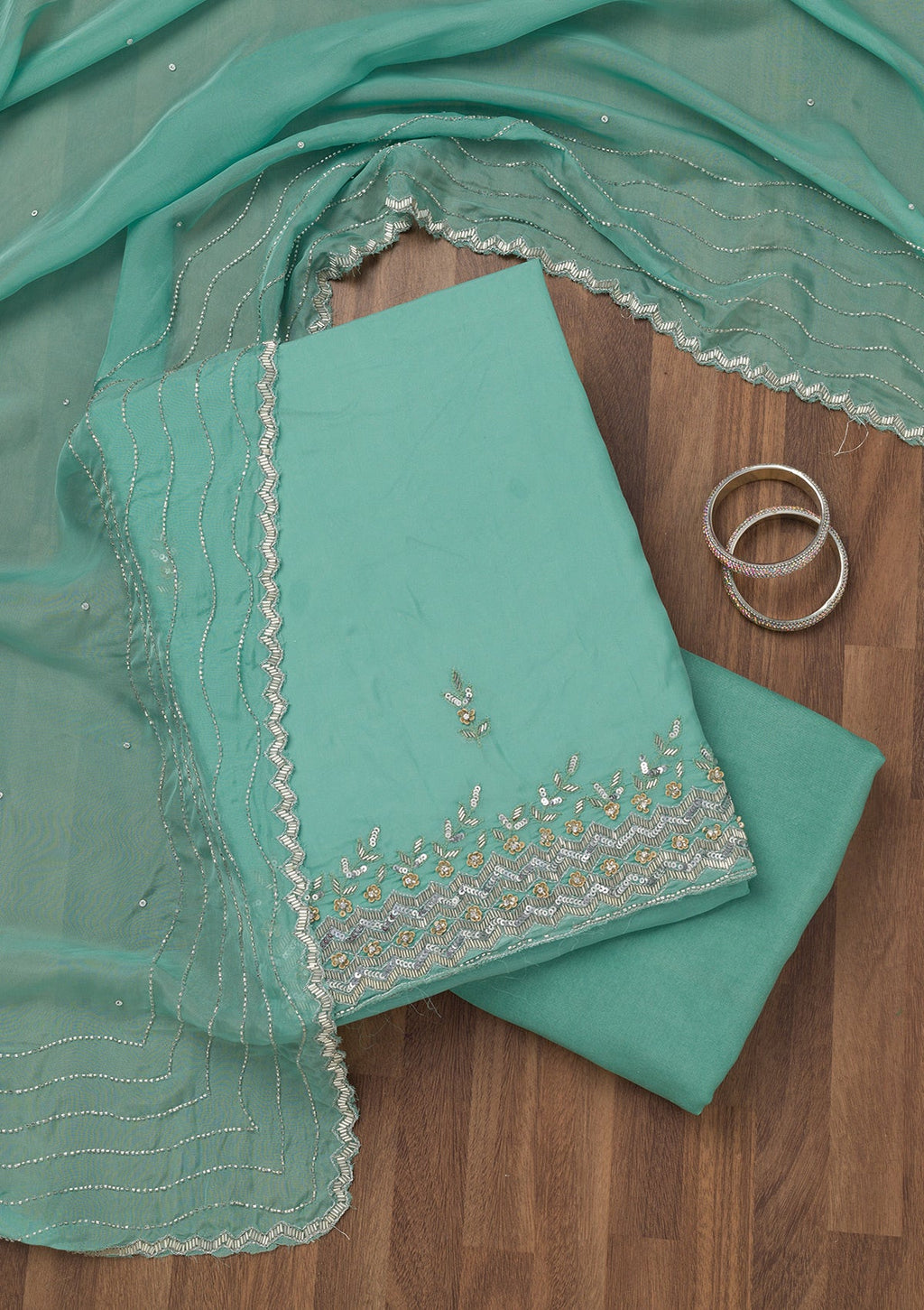 Sea Green Stonework Tissue Unstitched Salwar Suit