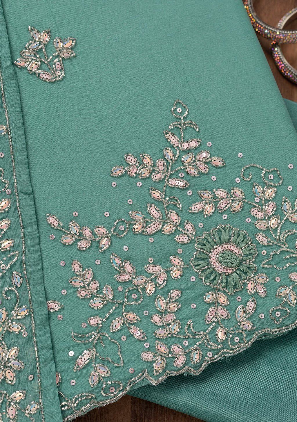Sea Green Stonework Tissue Unstitched Salwar Suit