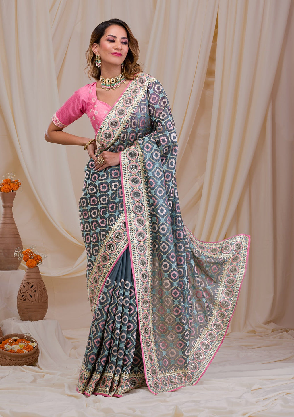 Sea Green Swarovski Chiffon Saree