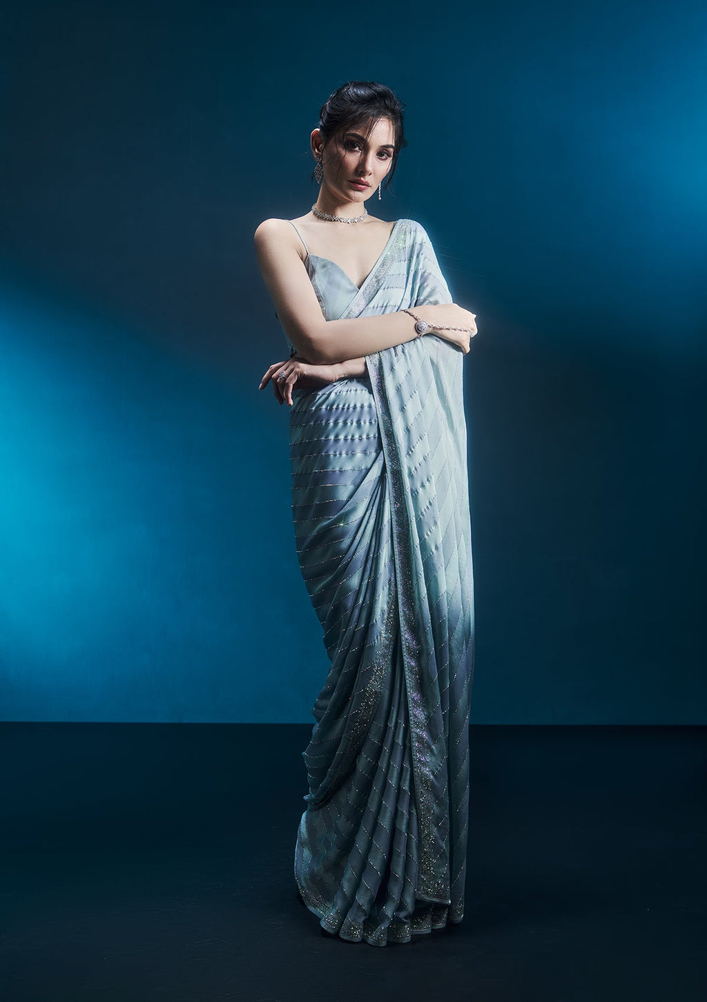 Sea Green Swarovski Satin Saree