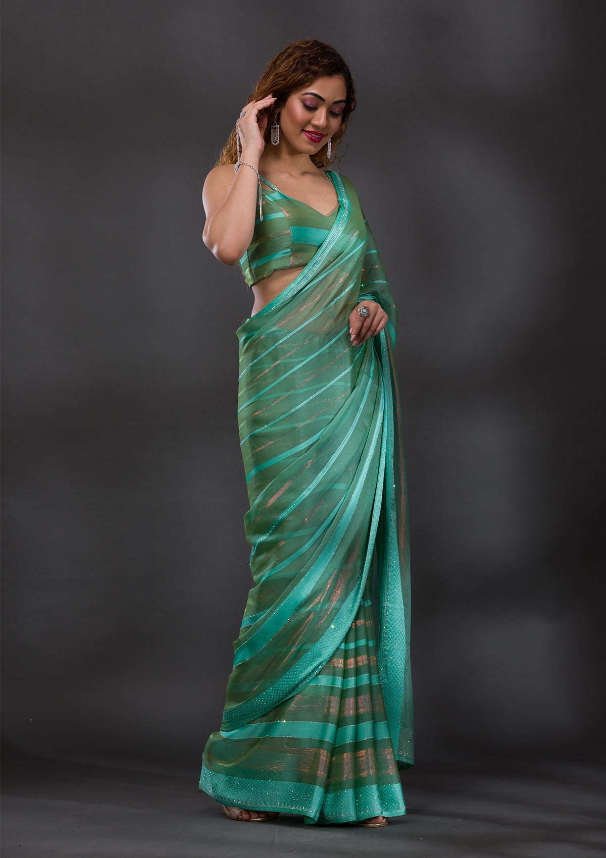 Sea Green Swarovski Shimmer Georgette Saree