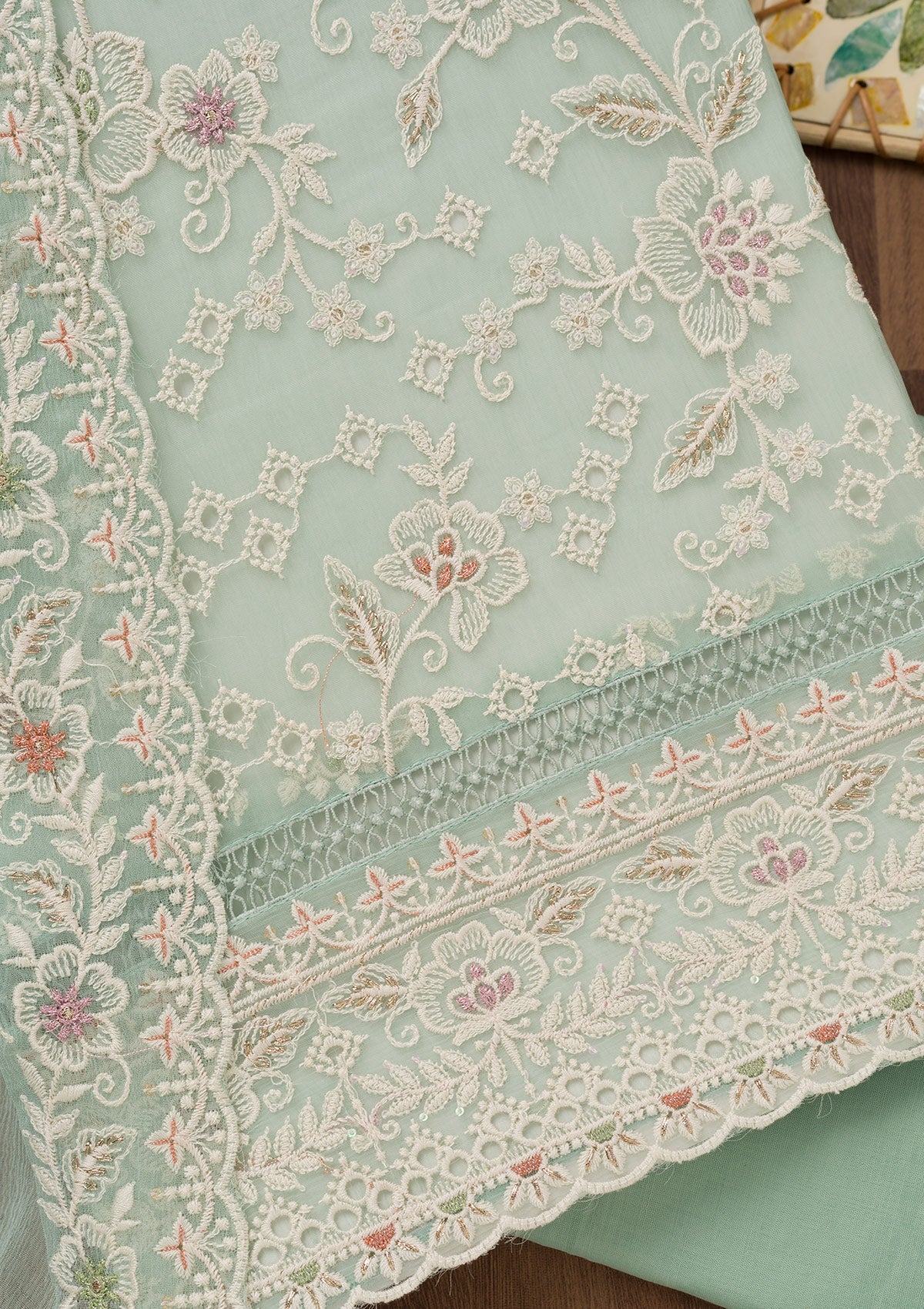 Sea Green Threadwork Chiffon Unstitched Salwar Suit