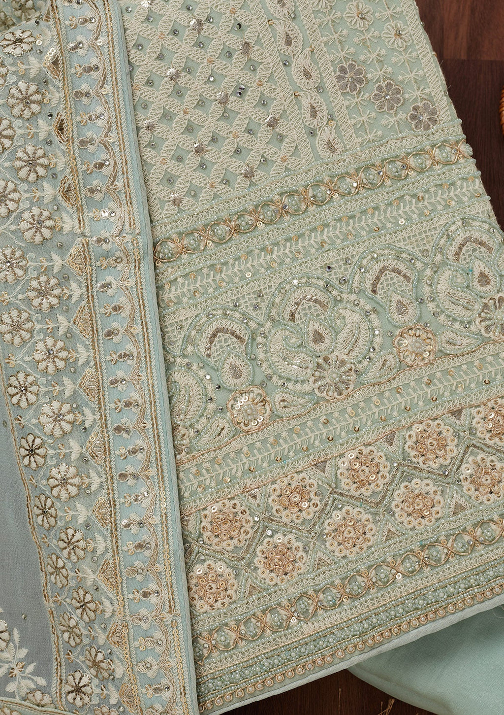 Sea Green Threadwork Georgette Unstitched Salwar Suit