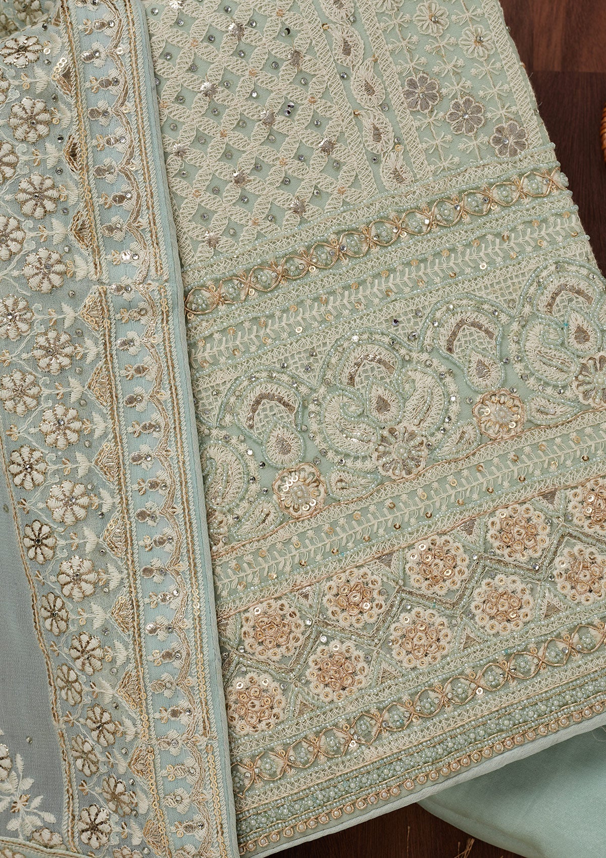 Sea Green Threadwork Georgette Unstitched Salwar Suit