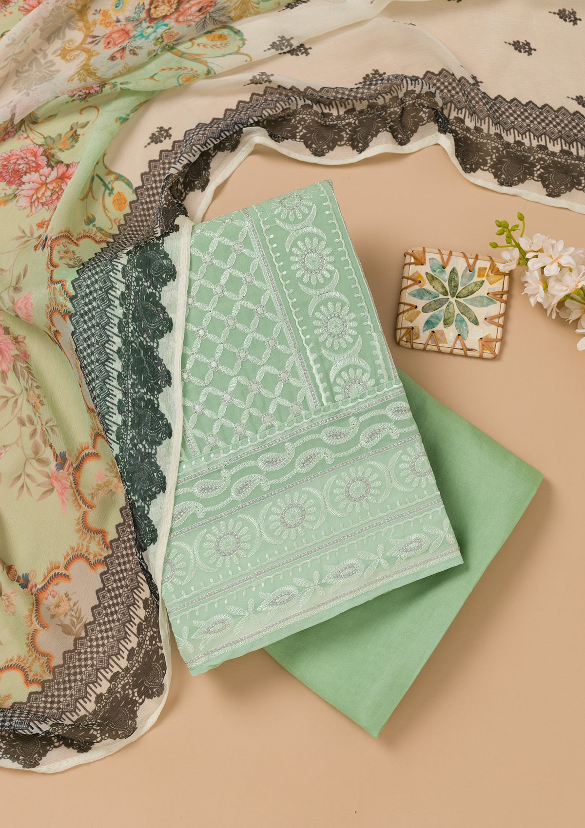 Sea Green Threadwork Georgette Unstitched Salwar Suit