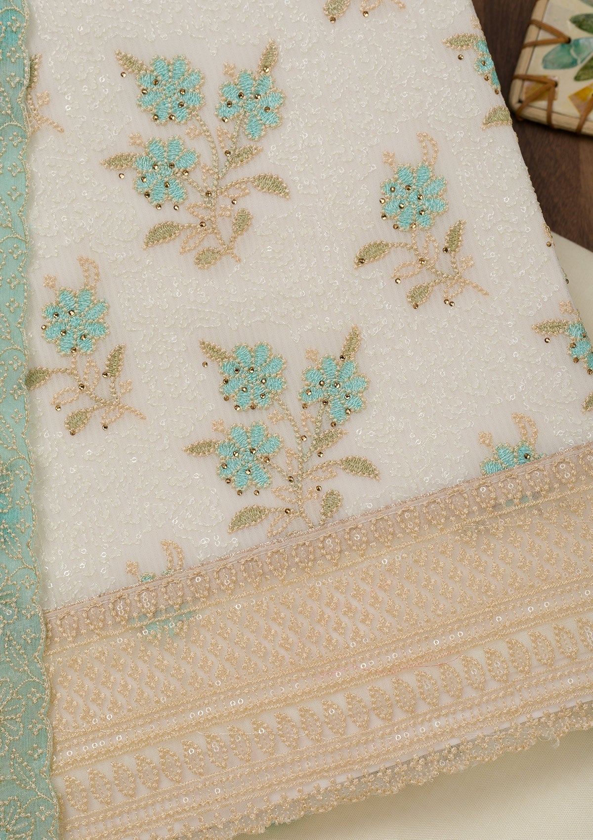 Sea Green Threadwork Georgette Unstitched Salwar Suit