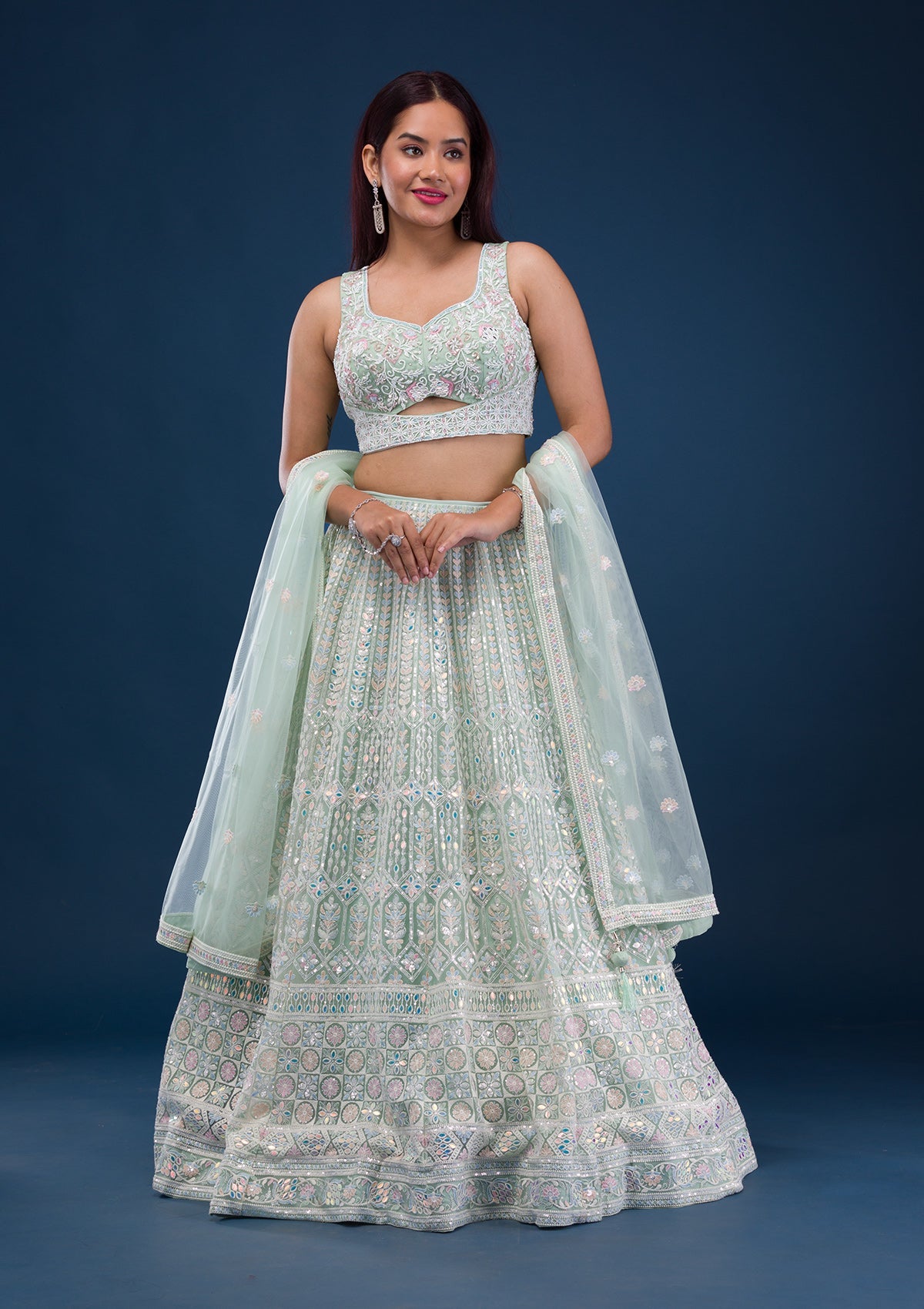 Sea Green Threadwork Net Readymade Lehenga
