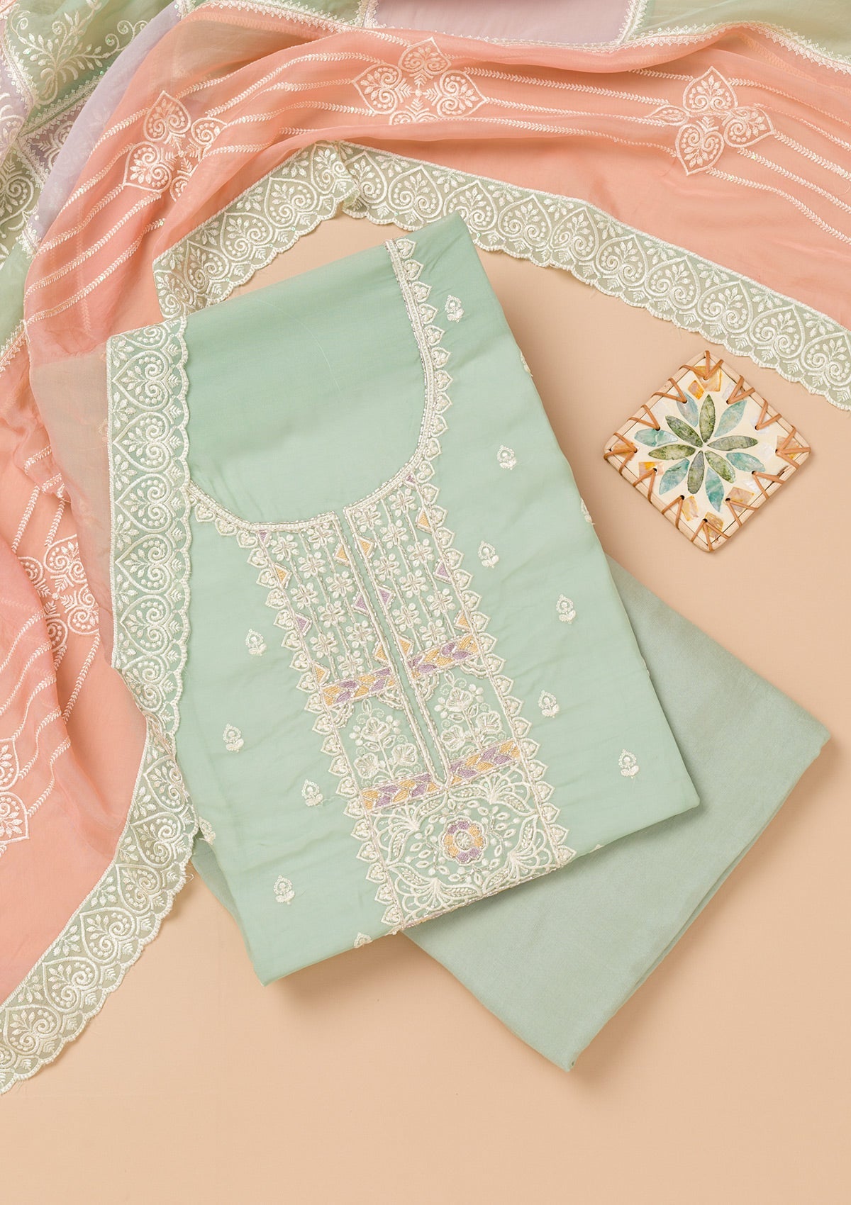 Sea Green Threadwork Organza Unstitched Salwar Suit