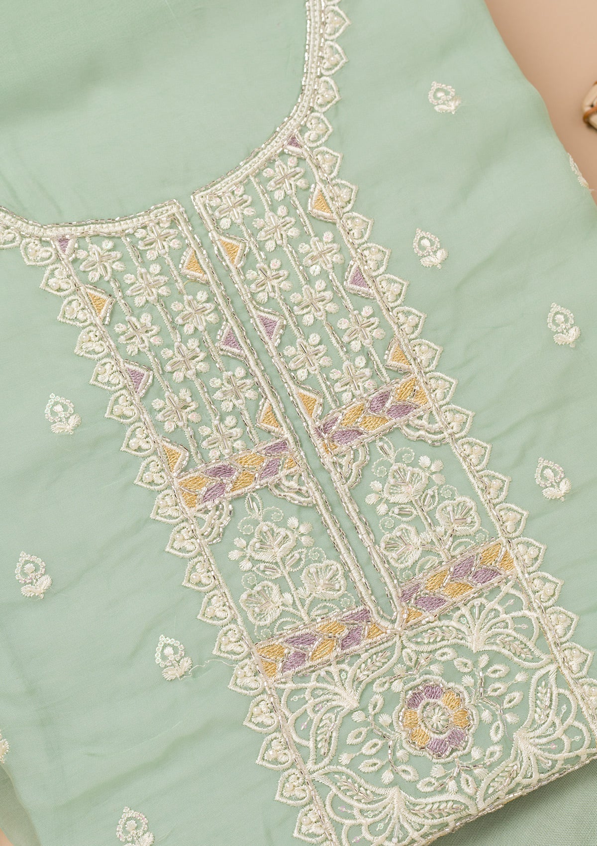 Sea Green Threadwork Organza Unstitched Salwar Suit