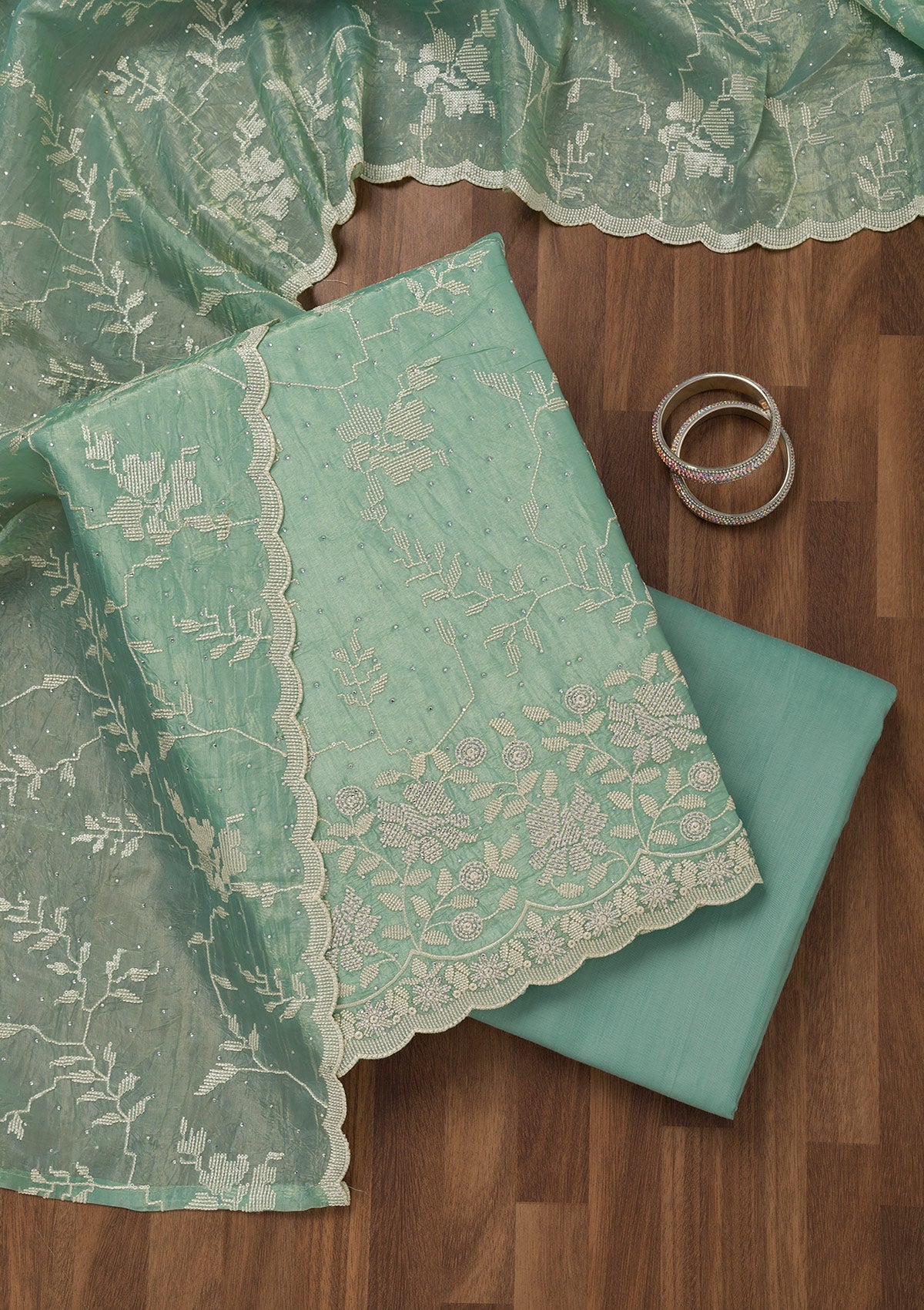 Sea Green Threadwork Shimmer Unstitched Salwar Suit