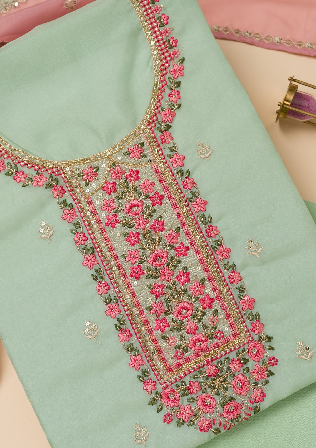 Sea Green Threadwork Tissue Unstitched Salwar Suit