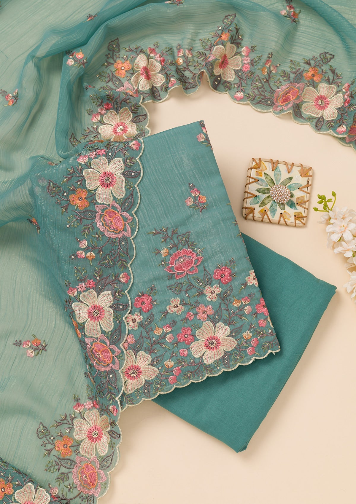 Sea Green Threadwork Tissue Unstitched Salwar Suit
