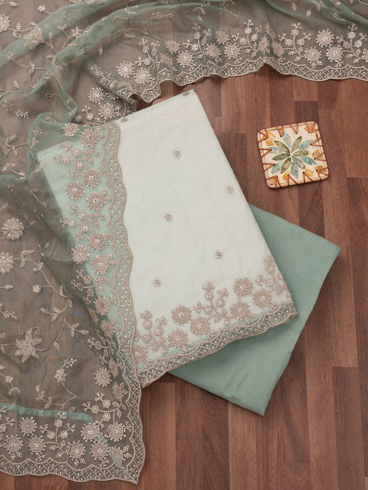Sea Green Threadwork Tissue Unstitched Salwar Suit
