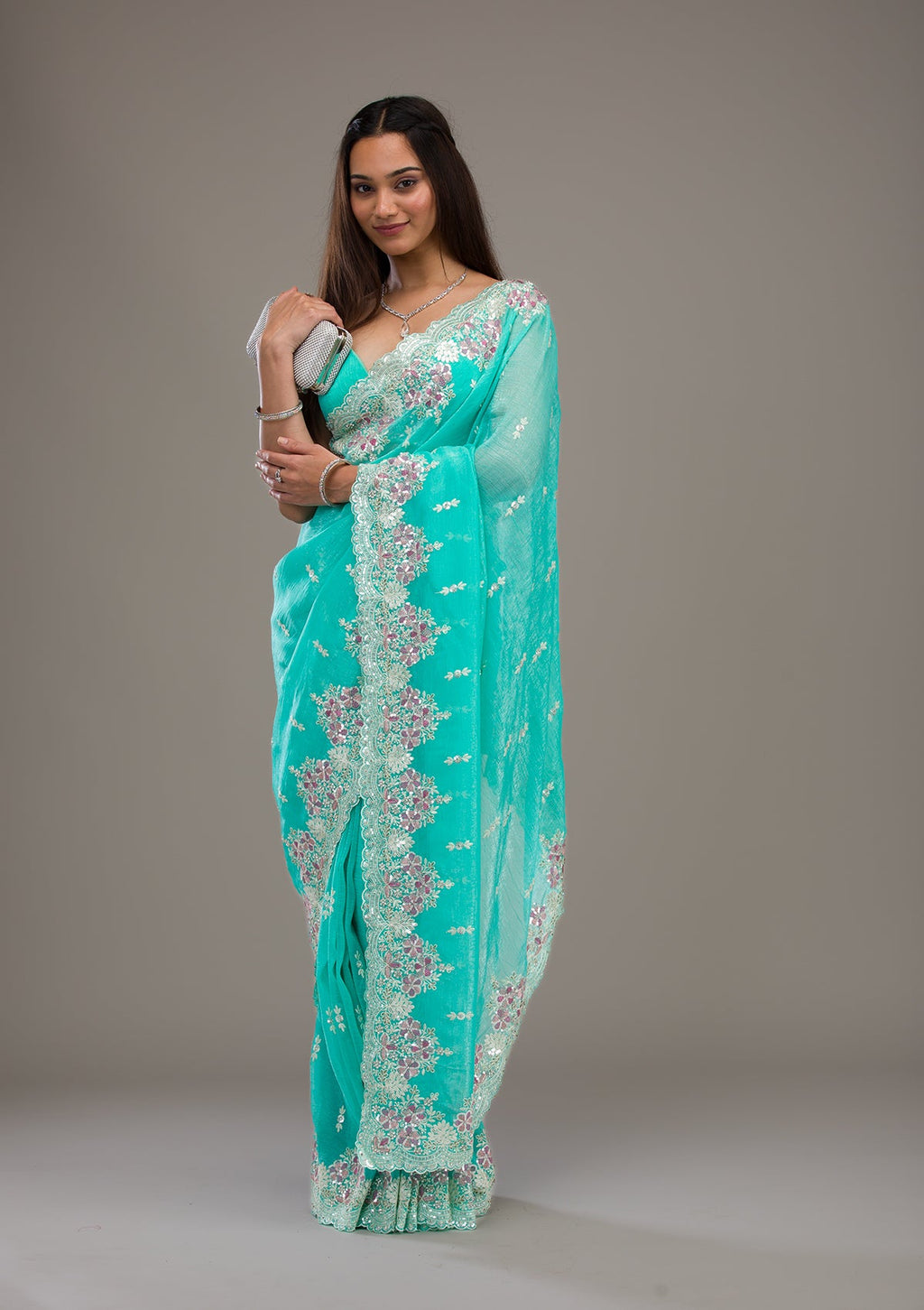 Sea Green Threadwork Tissue Saree