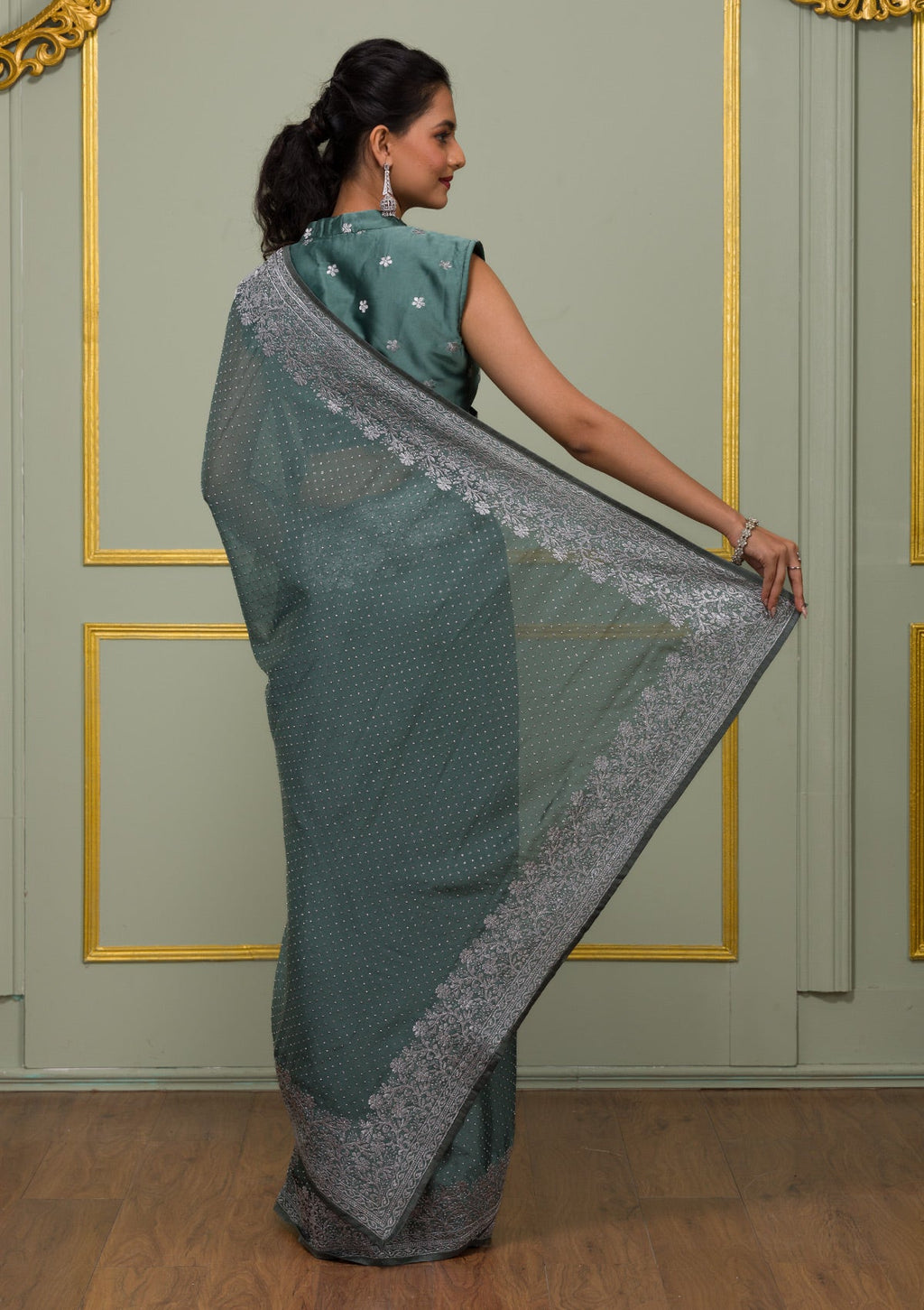 Sea Green Zariwork (Silver) Georgette Saree
