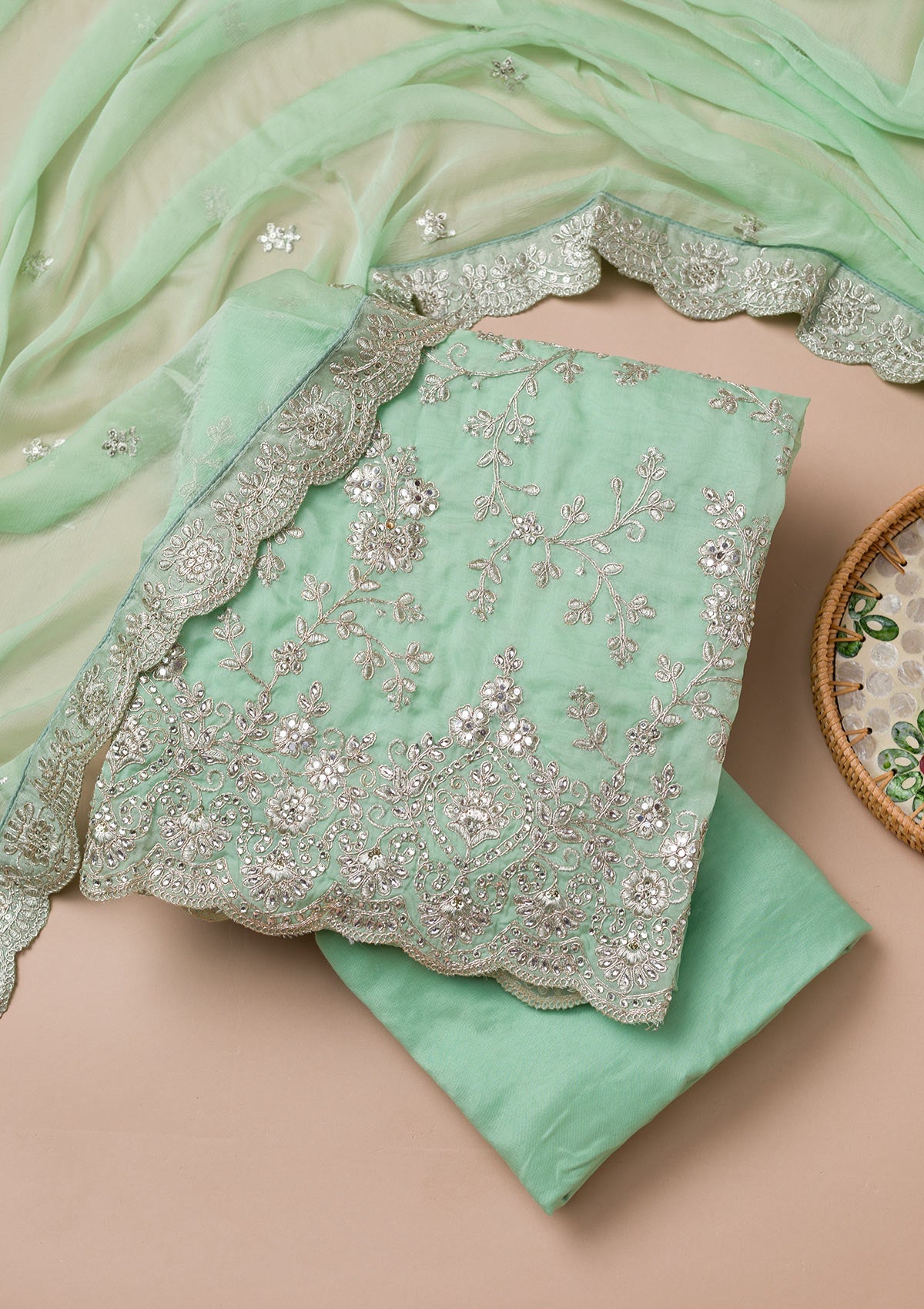 Sea Green Zariwork Crepe Unstitched Salwar Suit