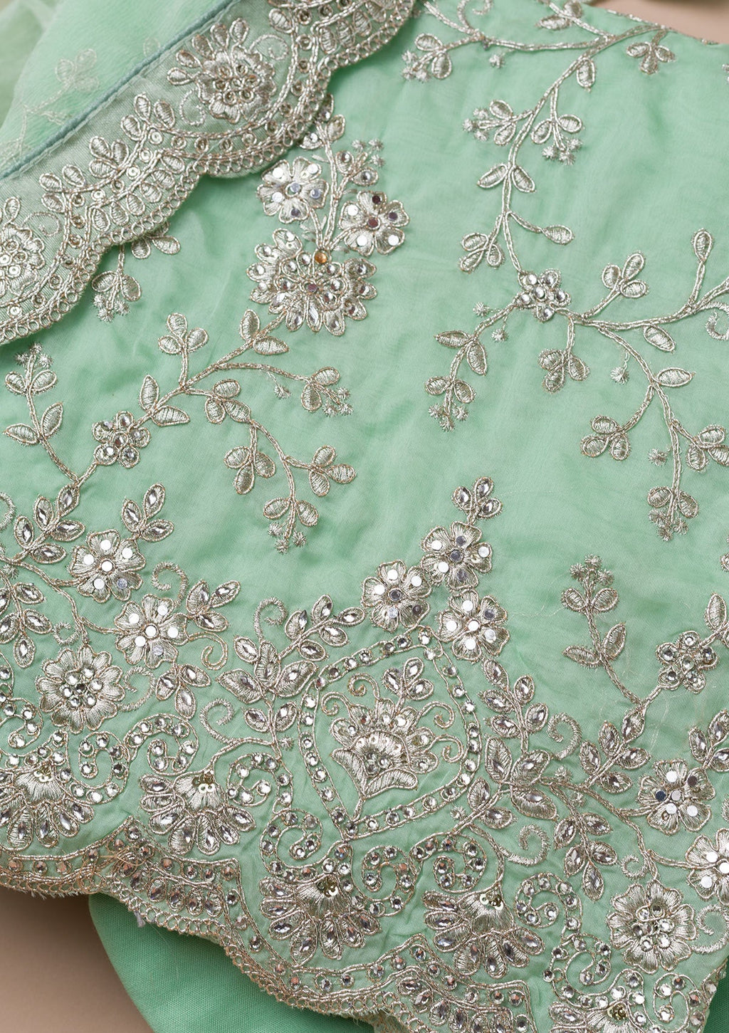 Sea Green Zariwork Crepe Unstitched Salwar Suit
