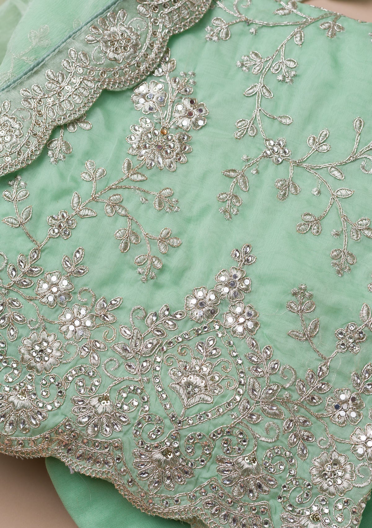Sea Green Zariwork Crepe Unstitched Salwar Suit