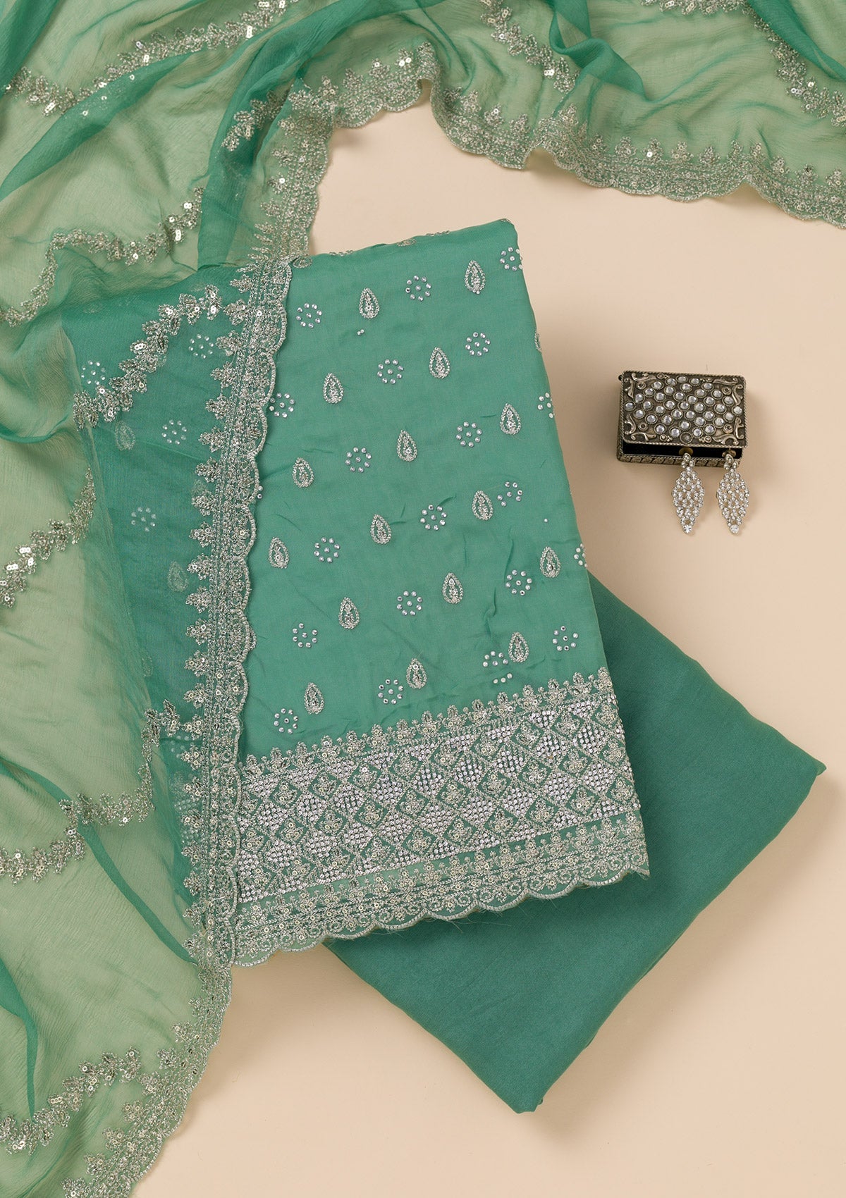 Sea Green Zariwork Organza Unstitched Salwar Suit