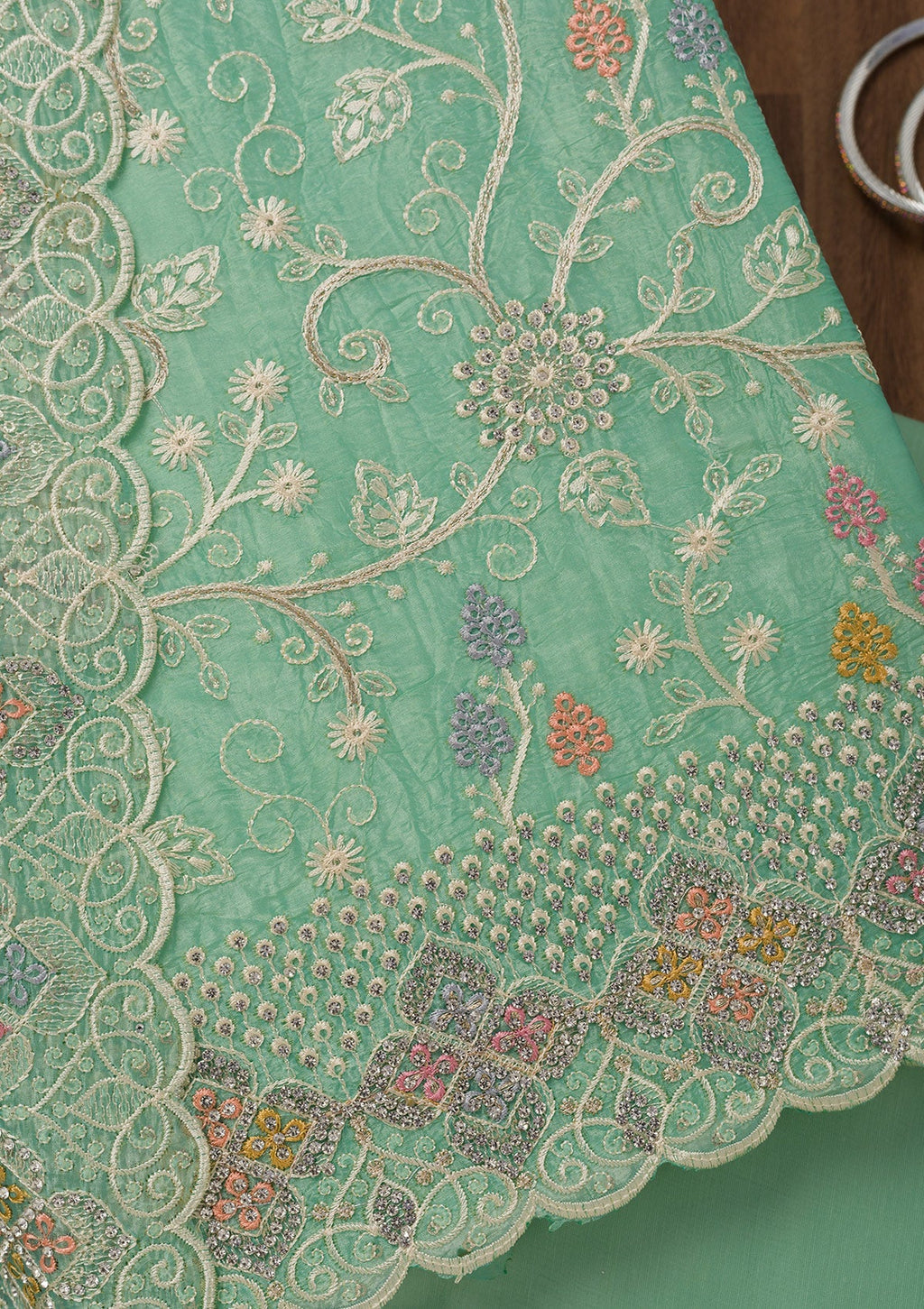 Sea Green Zariwork Semi Crepe Unstitched Salwar Suit