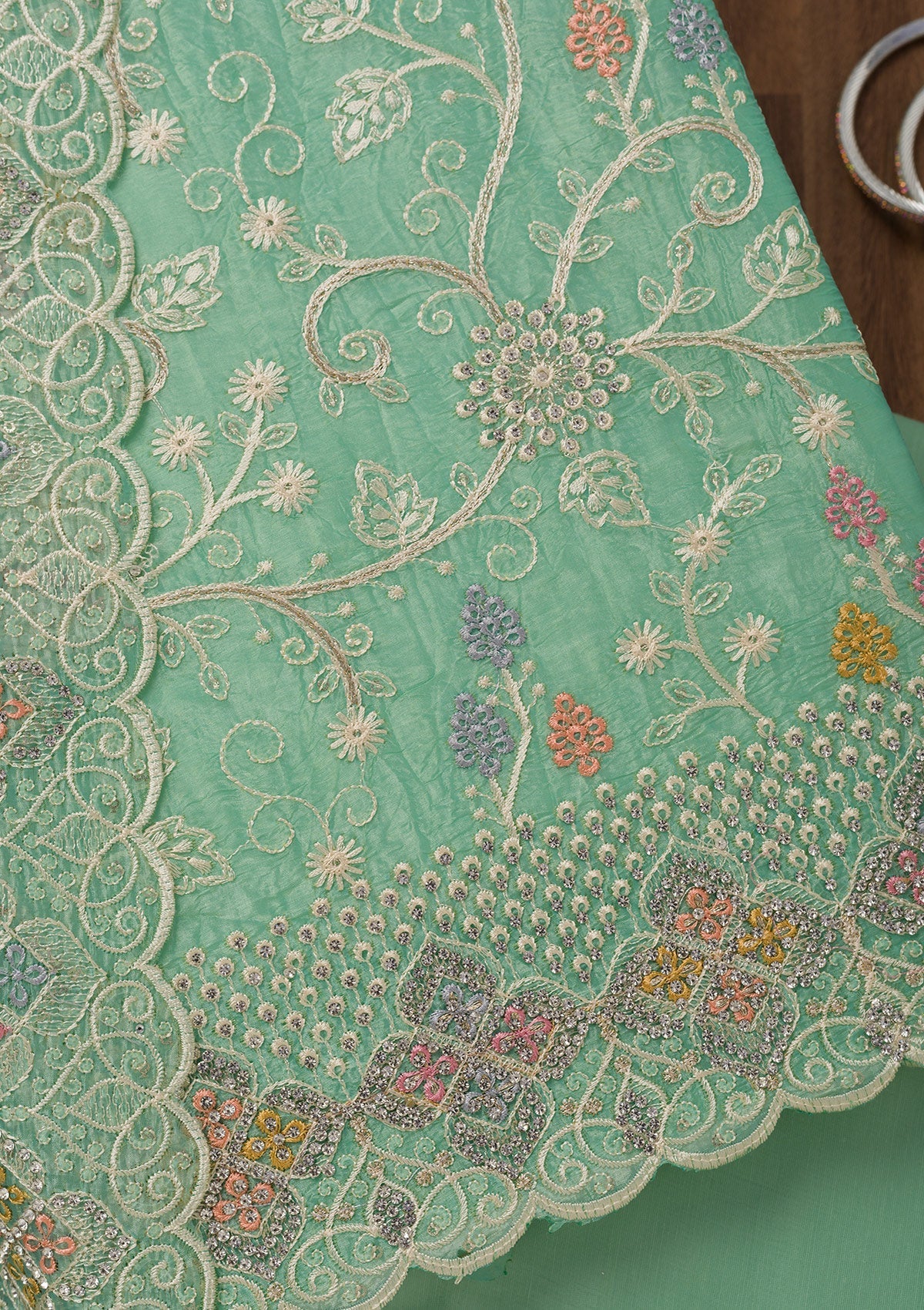 Sea Green Zariwork Semi Crepe Unstitched Salwar Suit