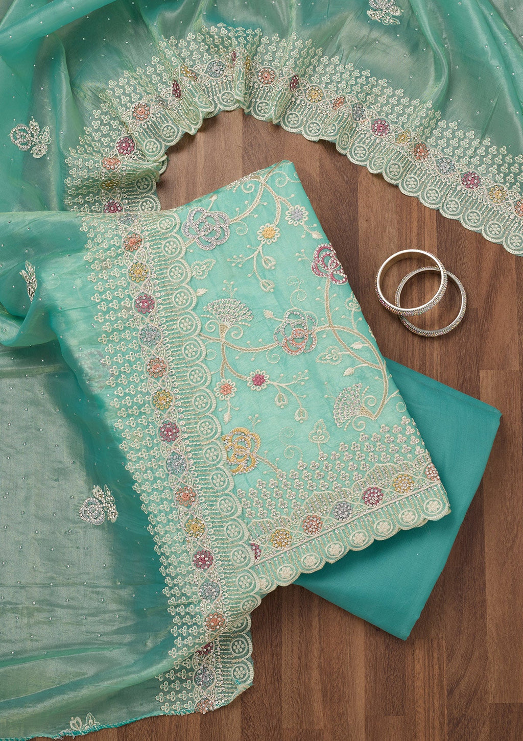 Sea Green Zariwork Semi Crepe Unstitched Salwar Suit