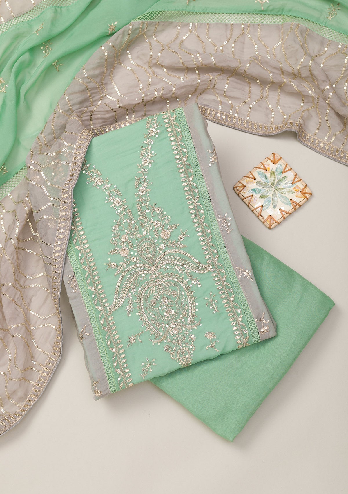 Sea Green Zariwork Tissue Unstitched Salwar Suit
