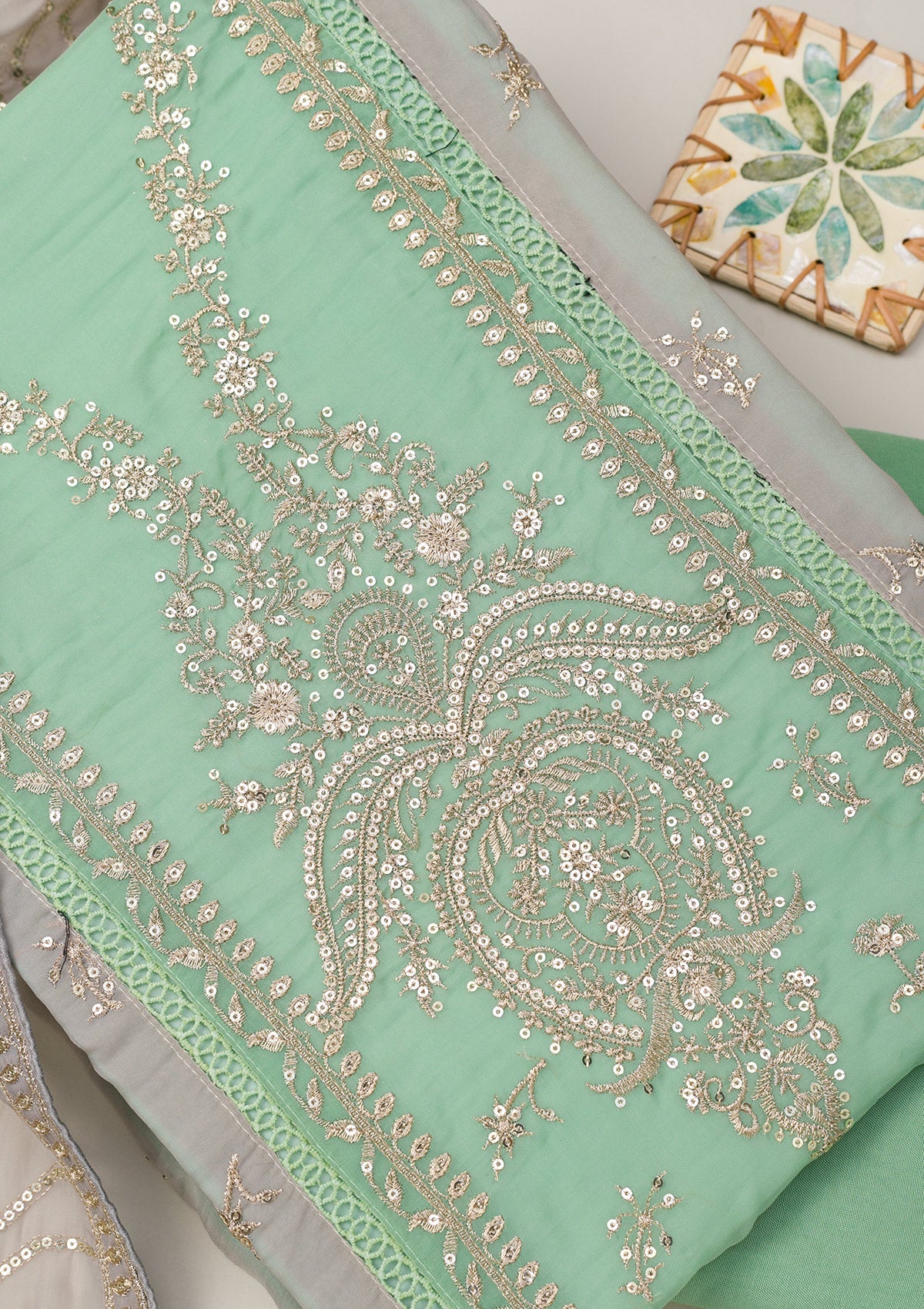 Sea Green Zariwork Tissue Unstitched Salwar Suit
