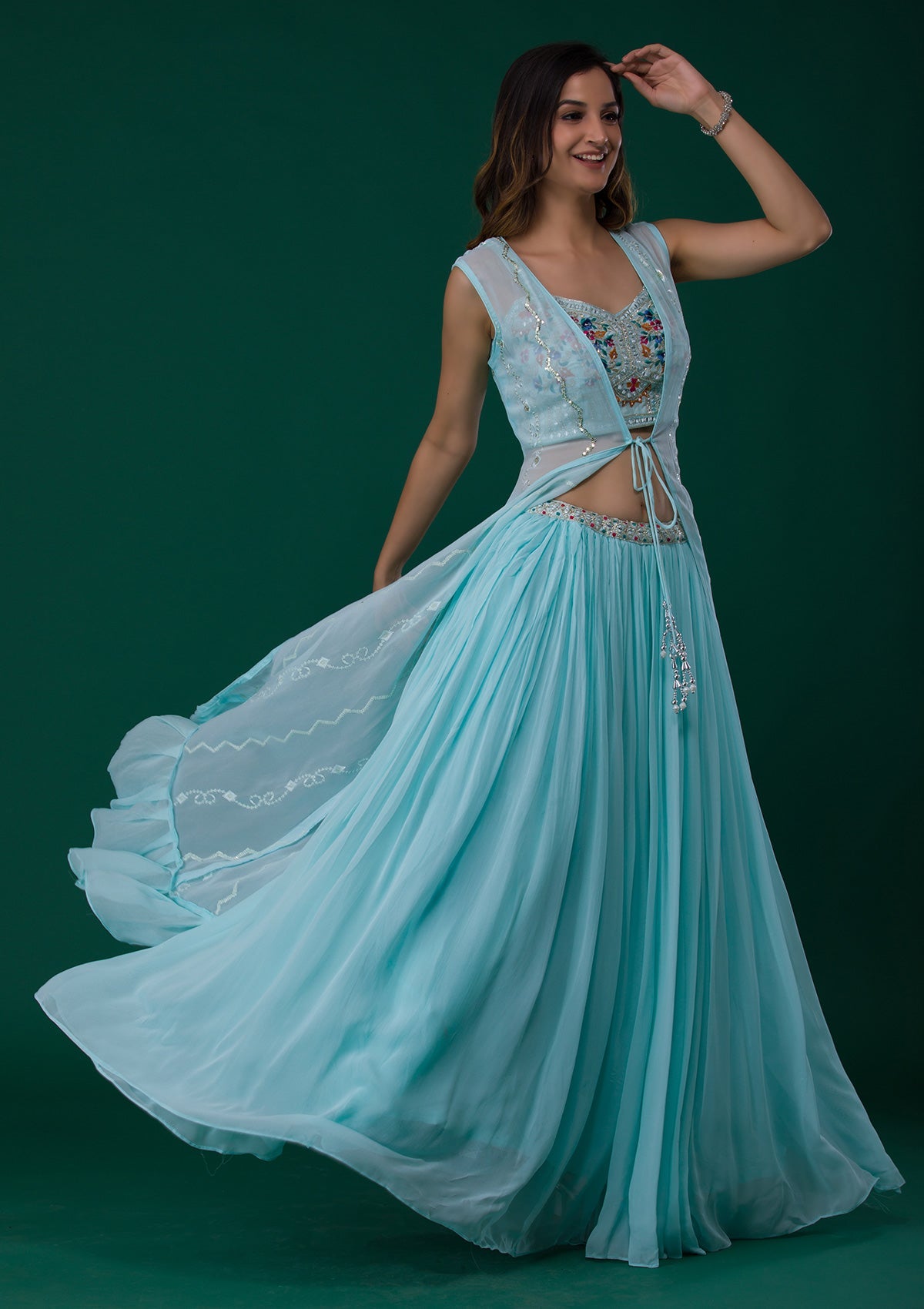 Sky Blue Mirrorwork Georgette Readymade Lehenga