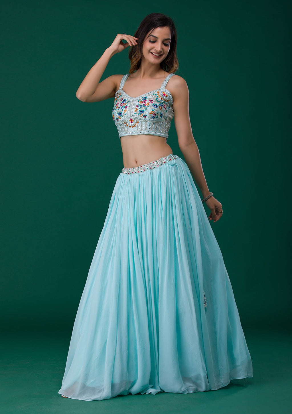 Sky Blue Mirrorwork Georgette Readymade Lehenga