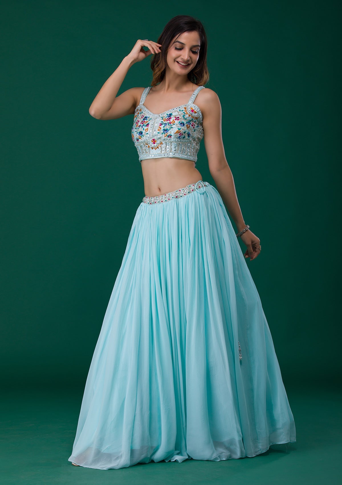 Sky Blue Mirrorwork Georgette Readymade Lehenga