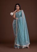 Sky Blue Mirrorwork Net Designer Saree