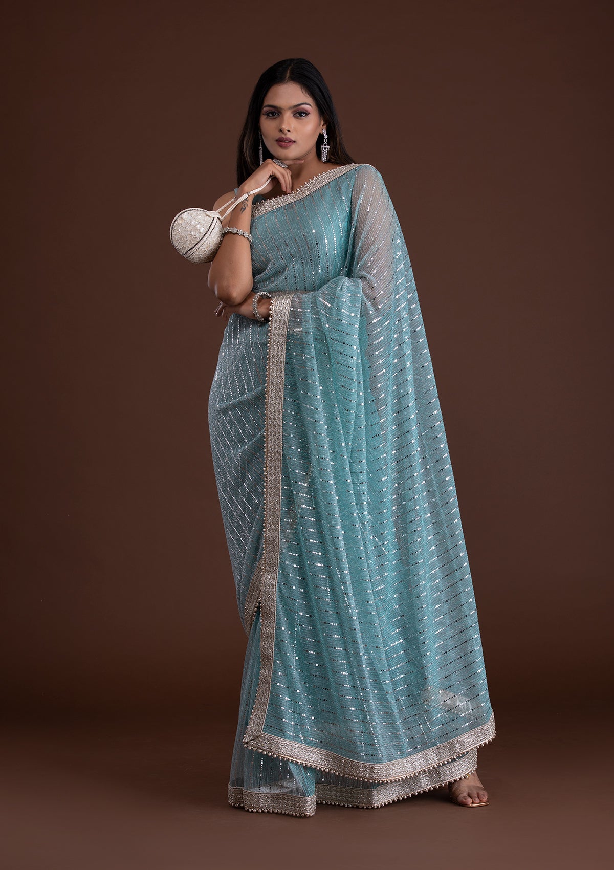 Sky Blue Mirrorwork Net Designer Saree