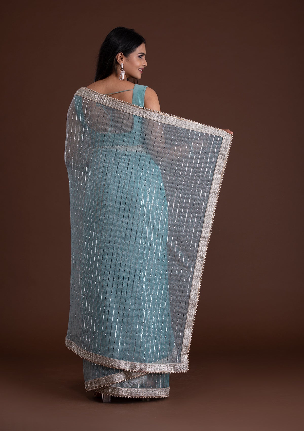 Sky Blue Mirrorwork Net Designer Saree