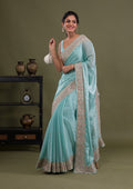 Sky Blue Stonework Satin Designer Saree