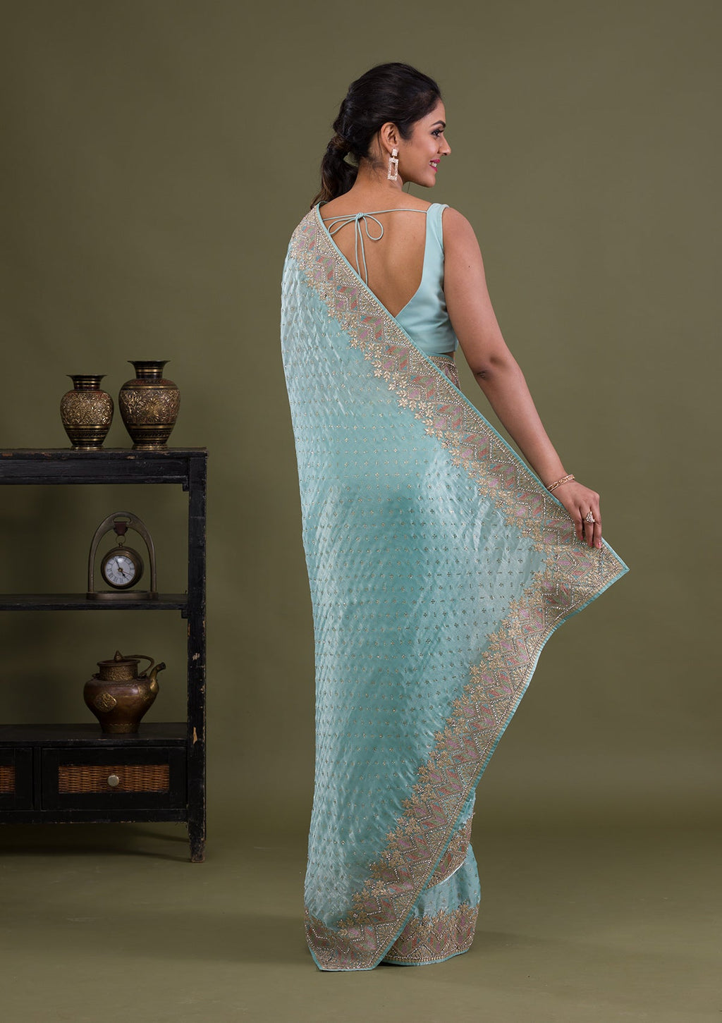 Sky Blue Stonework Satin Designer Saree
