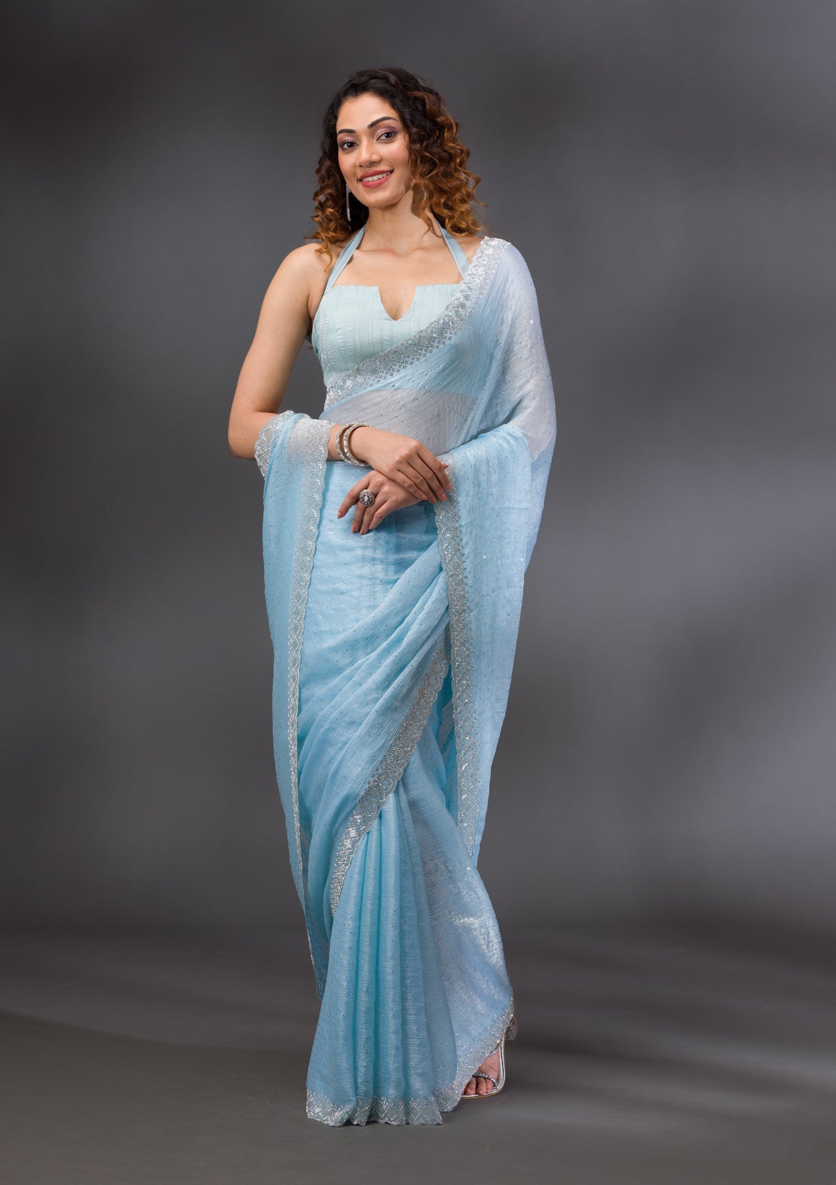 Sky Blue Stonework Chiffon Saree