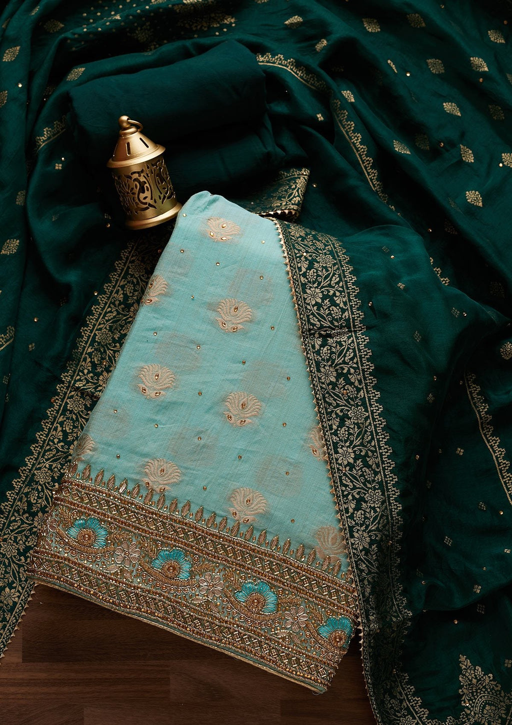 Sky Blue Stonework Semi Crepe Unstitched Salwar Suit