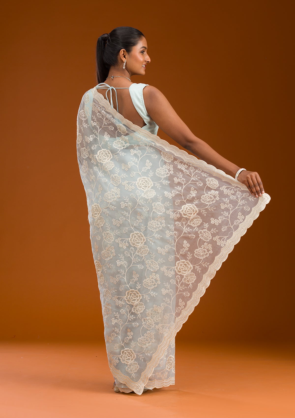 Sky Blue Threadwork Chiffon Saree
