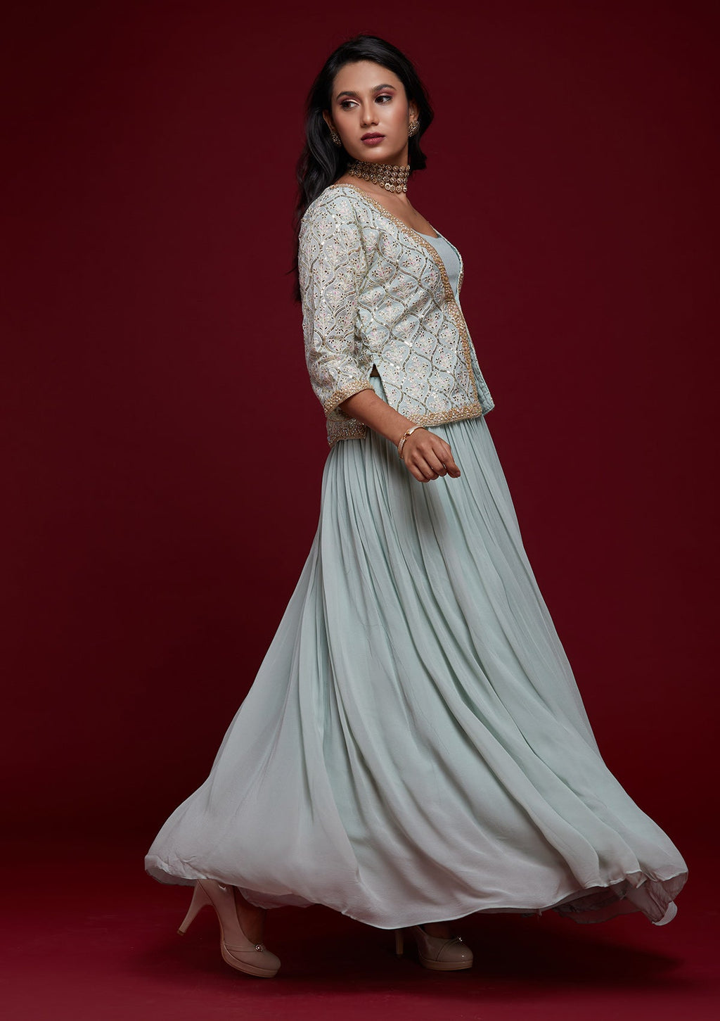 Sky Blue Threadwork Georgette Readymade Lehenga