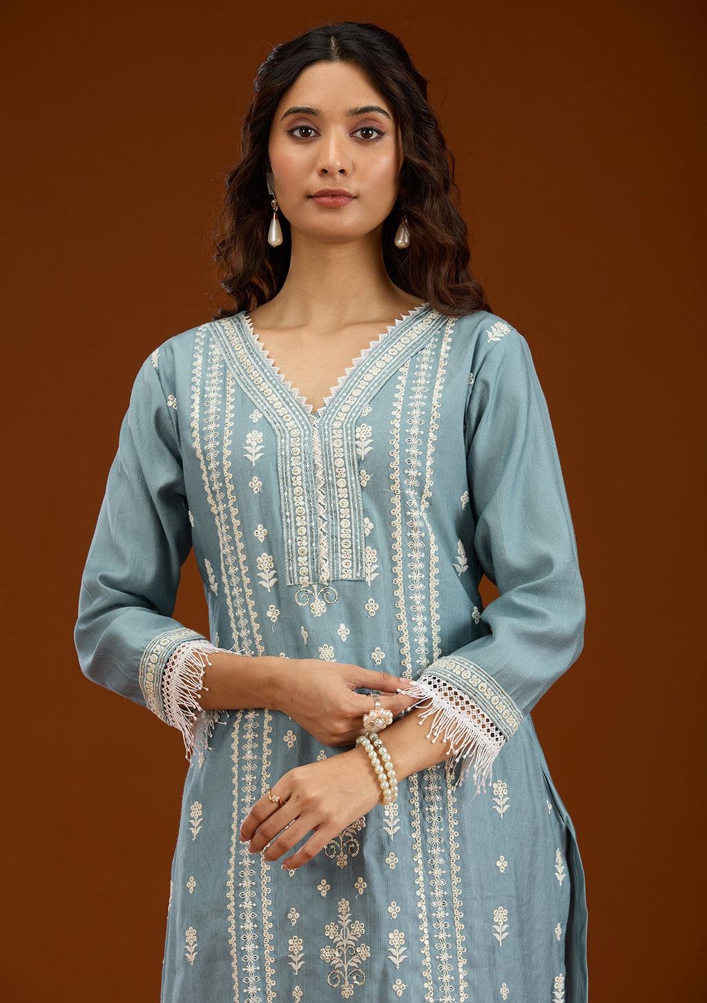Sky Blue Threadwork Semi Crepe Readymade Salwar Suit