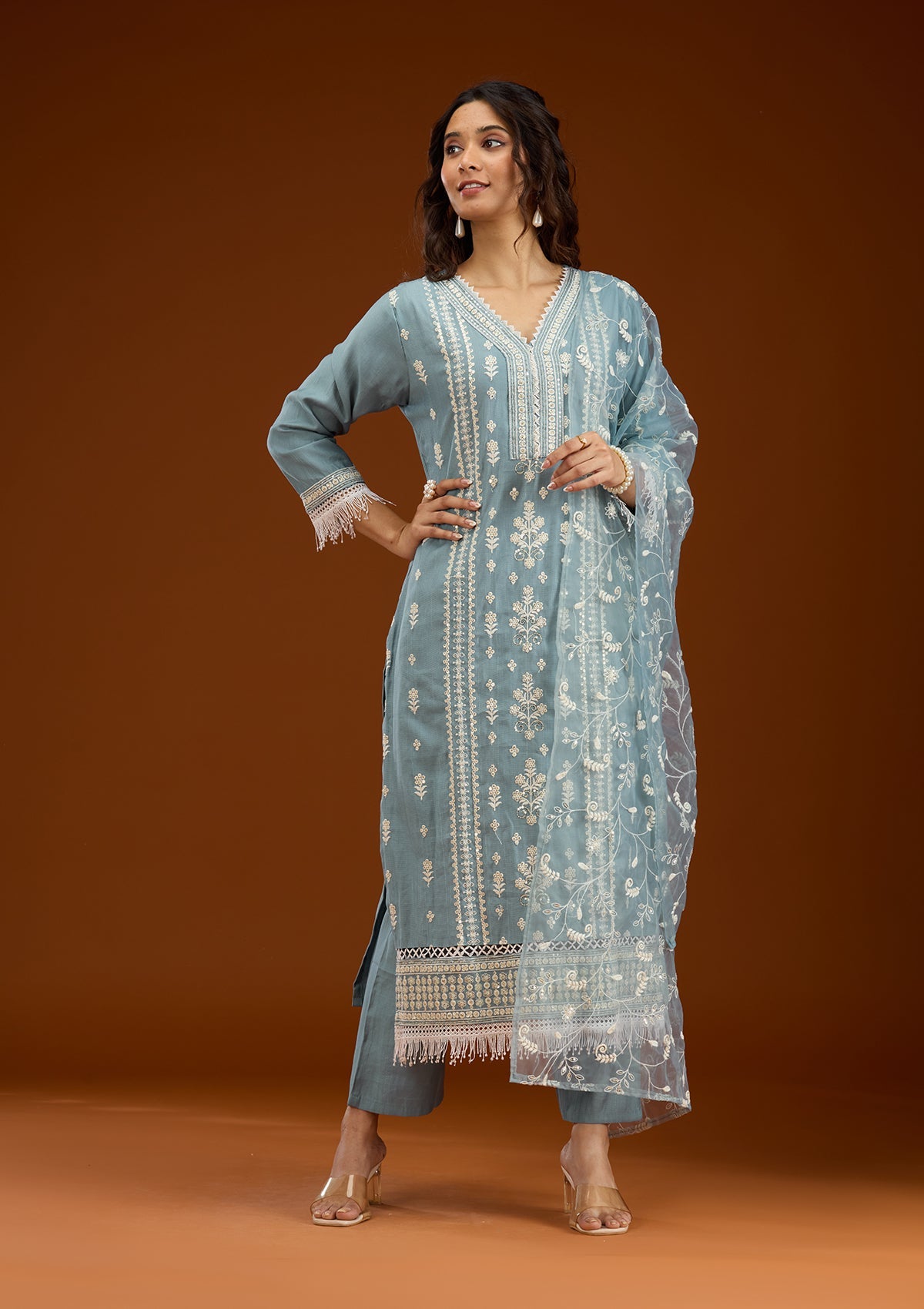 Sky Blue Threadwork Semi Crepe Readymade Salwar Suit