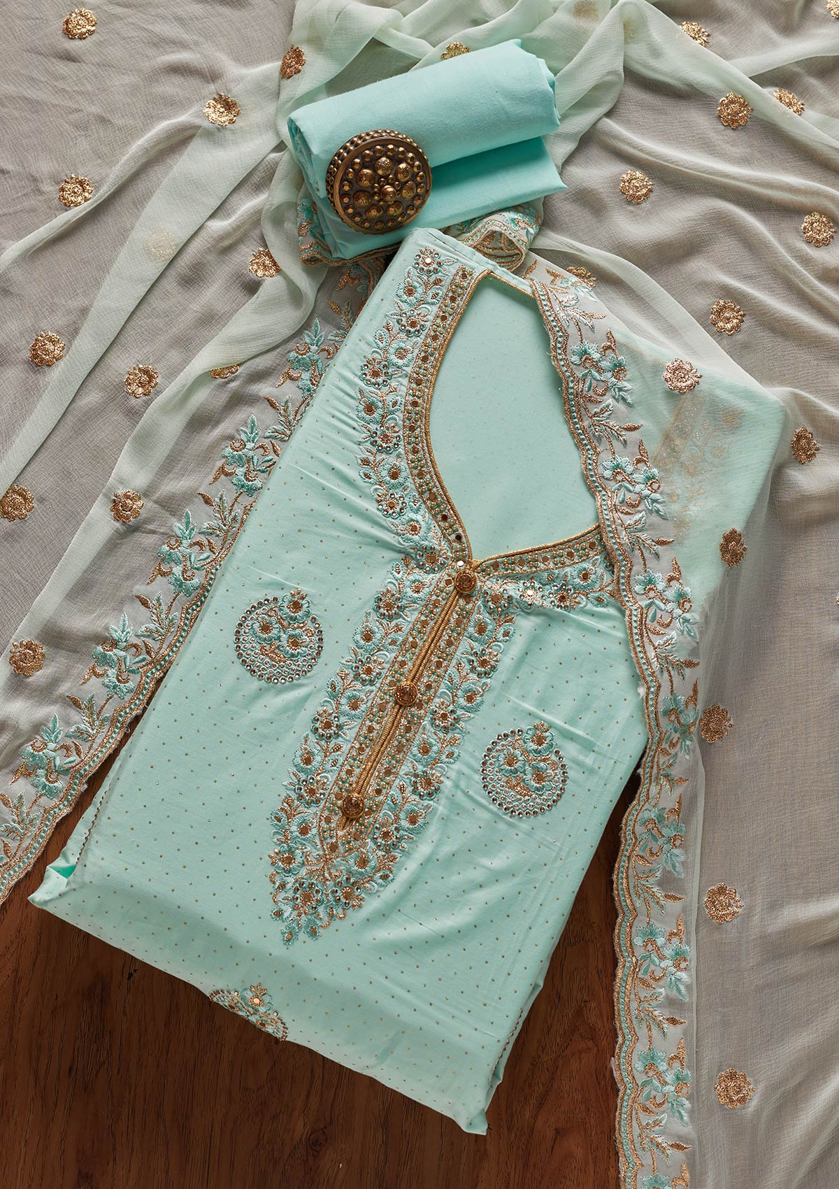 Sky Blue Zariwork Semi Crepe Unstitched Salwar Suit