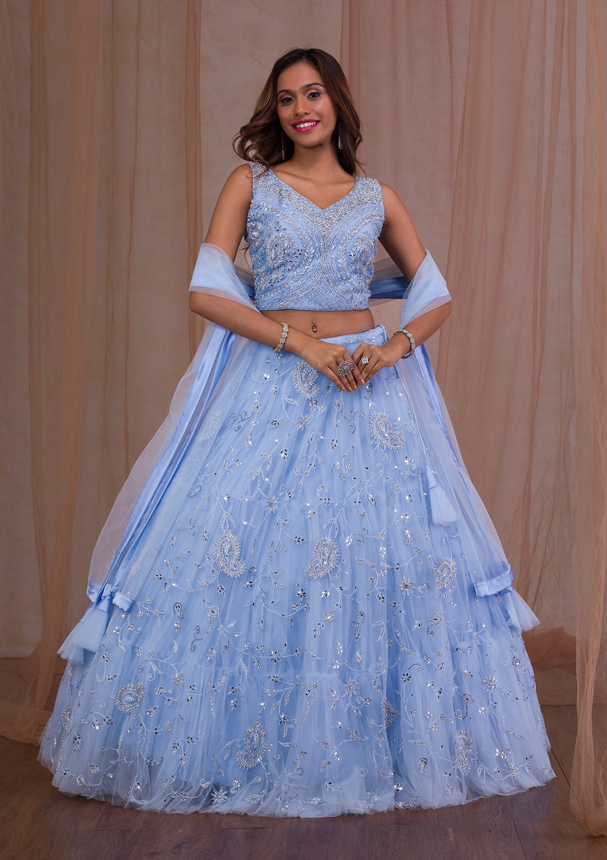 Sky Blue Mirrorwork Net Readymade Lehenga