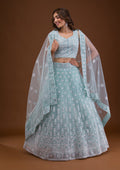 Sky Blue Print Net Readymade Lehenga