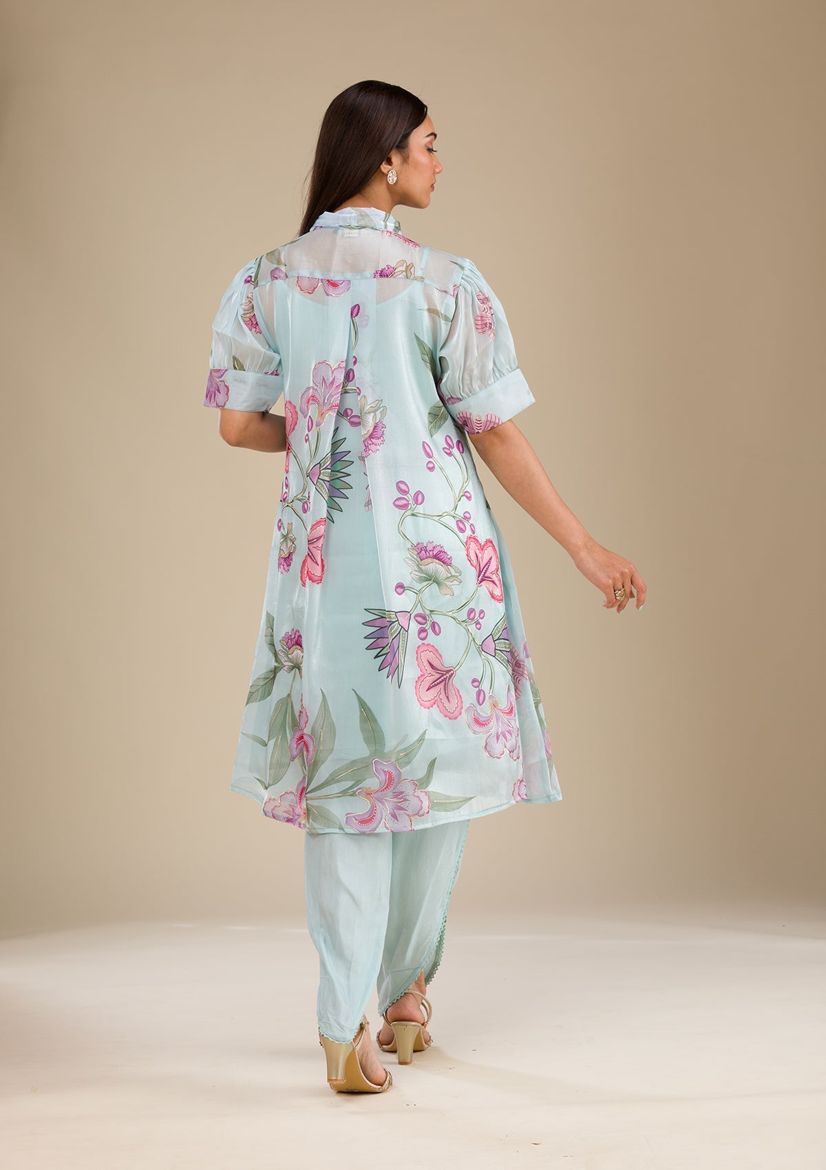 Sky Blue Printed Organza Readymade Salwar Suit