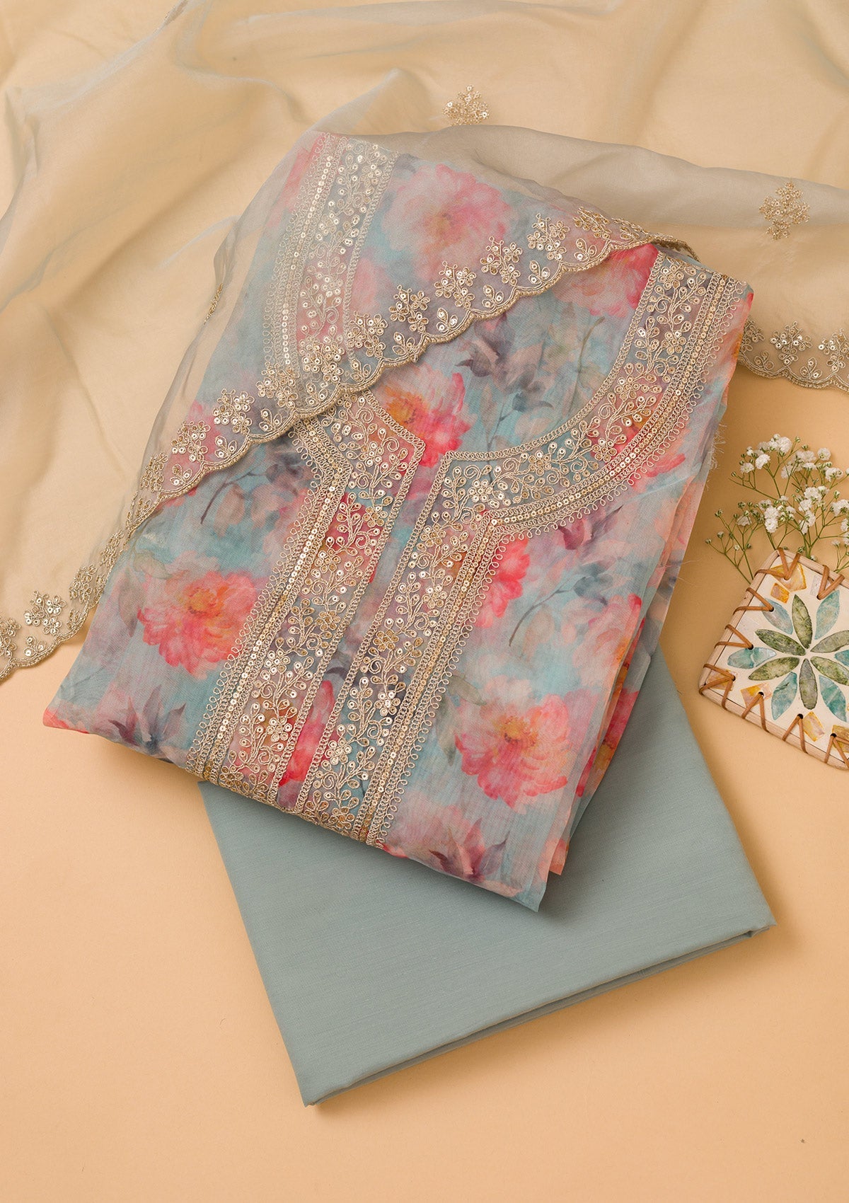 Sky Blue Printed Organza Unstitched Salwar Suit