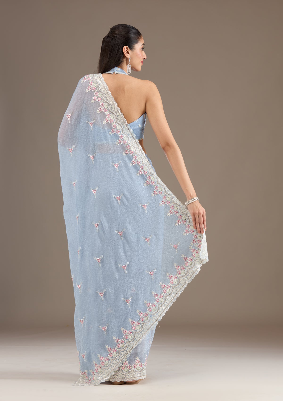 Sky Blue Sequins Chiffon Saree