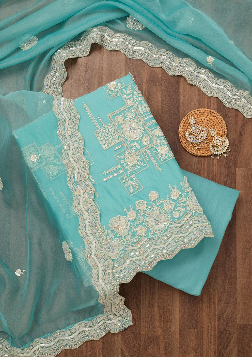 Sky Blue Sequins Georgette Unstitched Salwar Suit