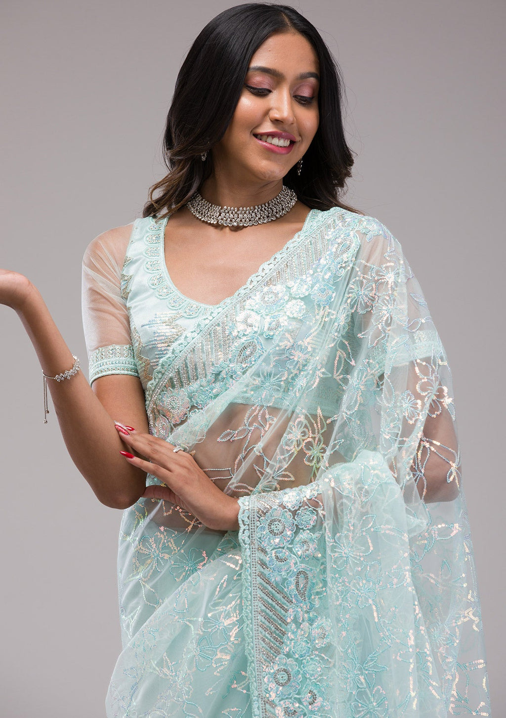 Sky Blue Sequins Net Saree